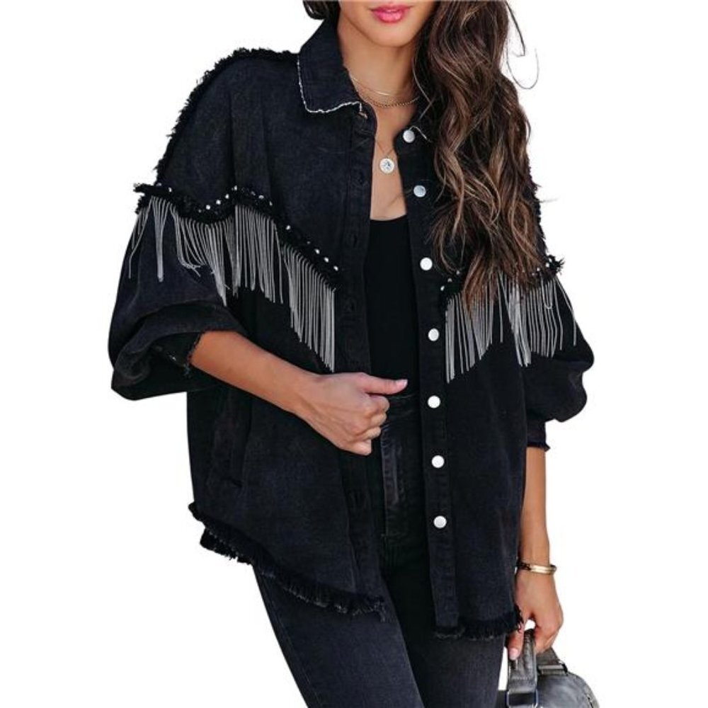 Black Denim Jacket Fringe Distressed Tassel Studded Jean Jacket Shacket Top - Picture 7 of 8